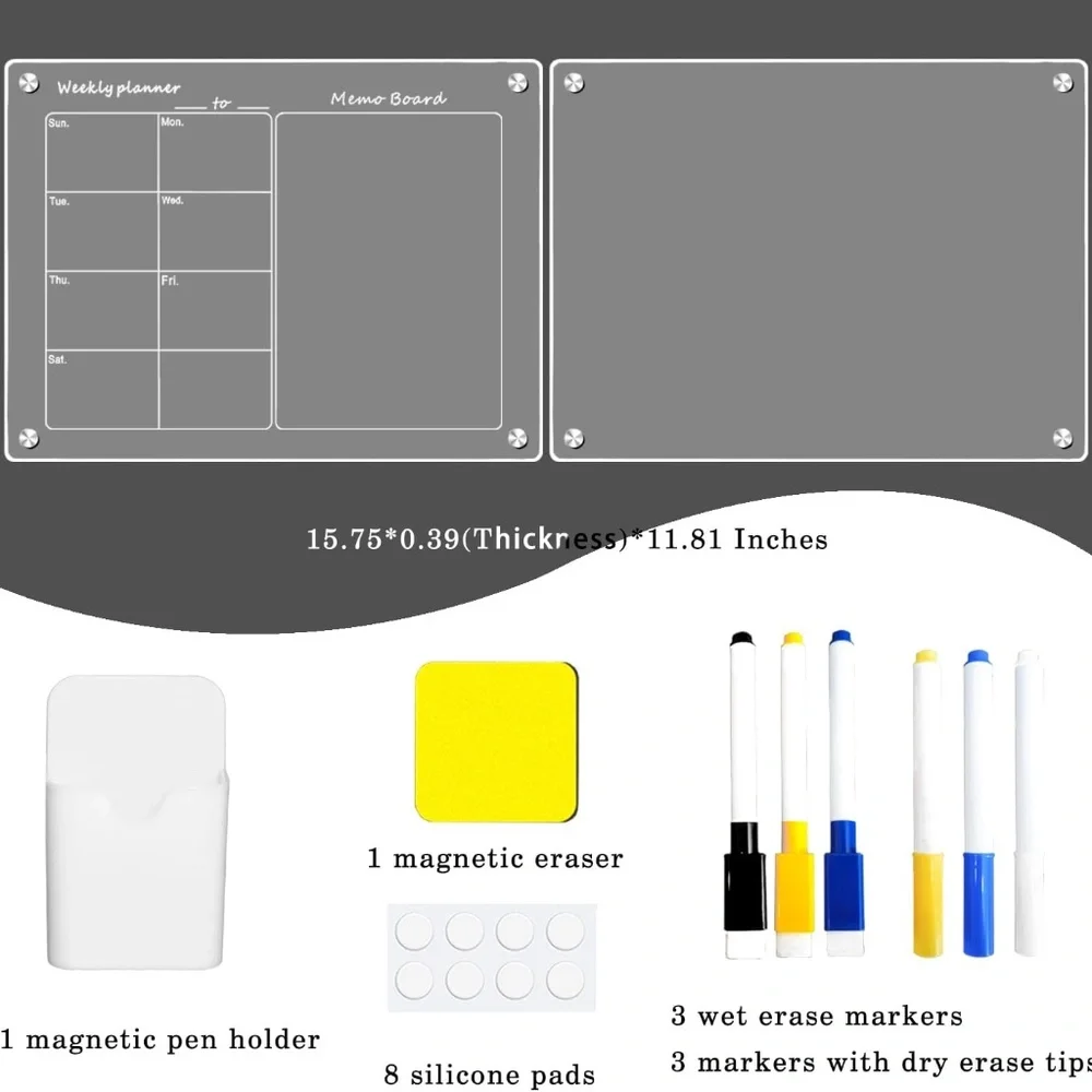 Acrylic Magnetic Calendar for Fridge, 2 Set 16''x12'' Clear Weekly & Memo Board